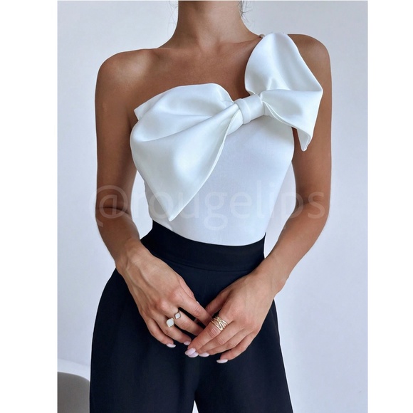 White Large Bow One Shoulder Bodysuit Slim Fit Asymmetrical - Picture 2 of 8